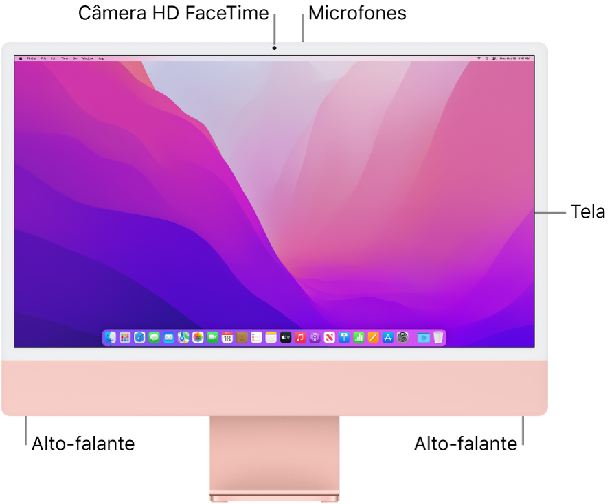 Vista frontal iMac mostrando a tela, câmera, microfones e alto-falantes.