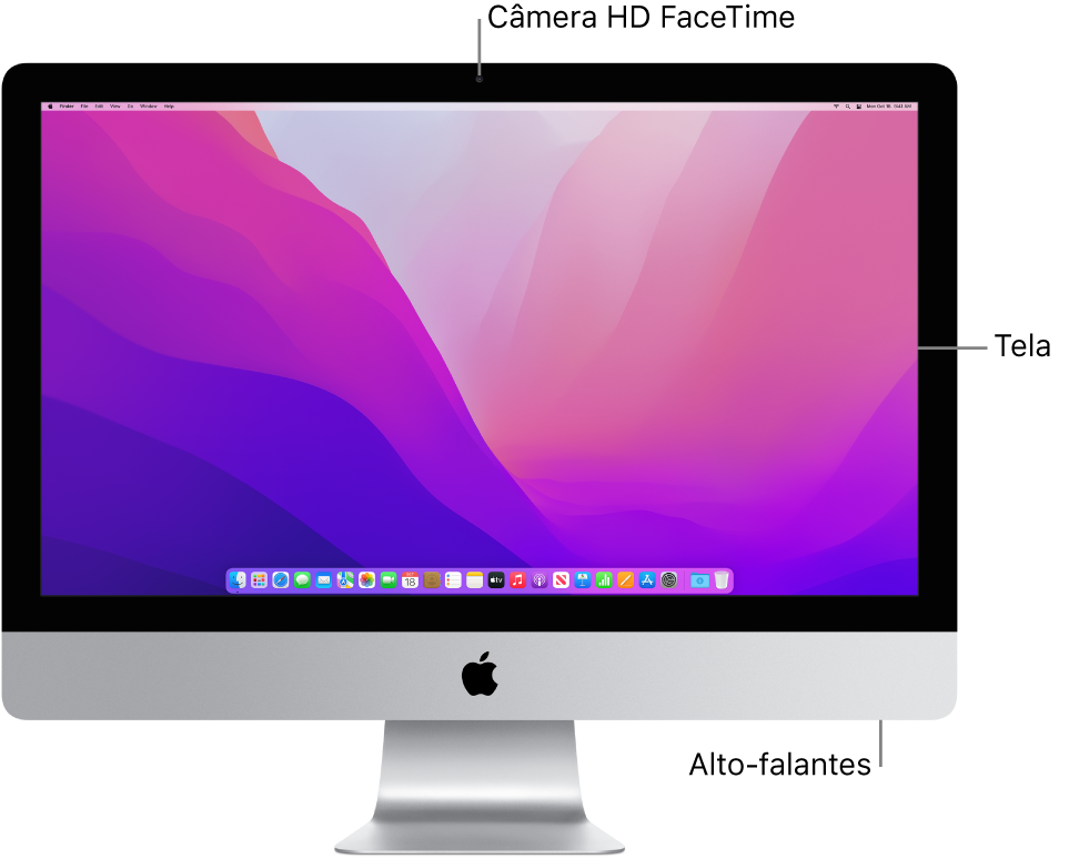 Vista frontal iMac mostrando a tela, câmera e alto-falantes.