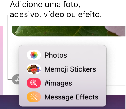 Menu Apps com opções para mostrar fotos, adesivos de Memoji, GIFs e efeitos em mensagens.