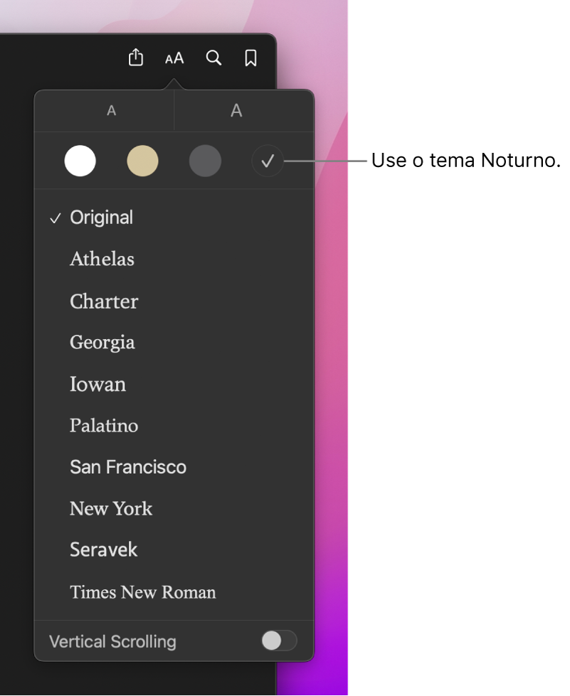 Uma janela do app Livros mostrando o menu Aparência.