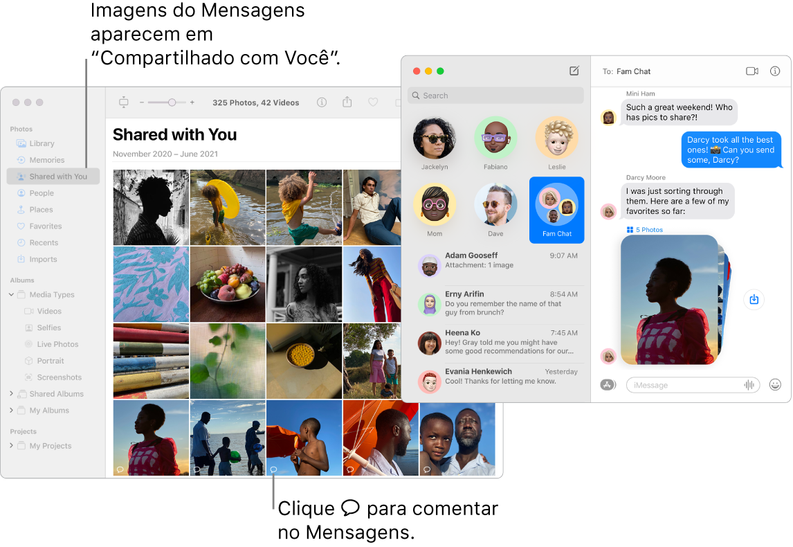 Uma conversa no app Mensagens à direita com uma pilha de fotos e a seção “Compartilhado com Você” de uma janela do app Fotos mostrando as fotos compartilhadas a partir do app Mensagens.