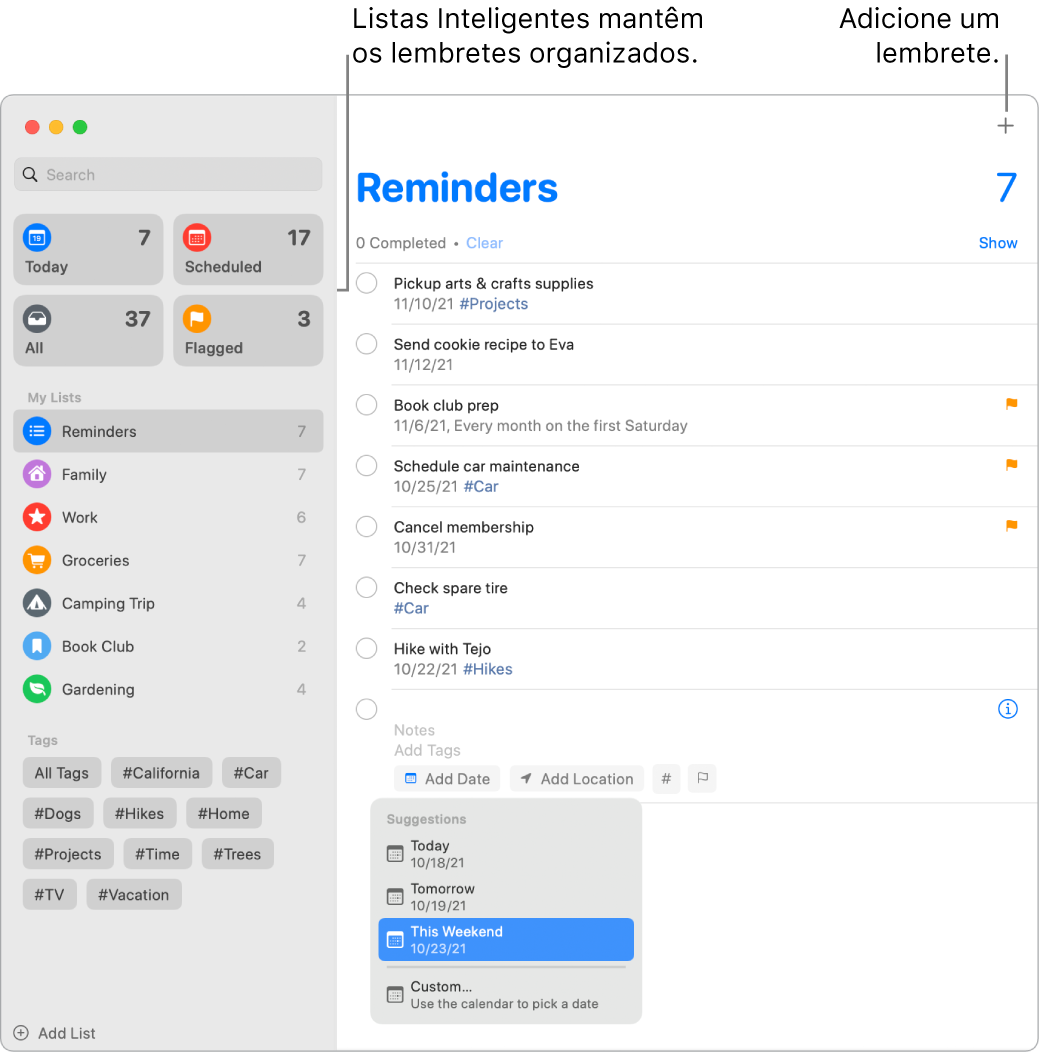 Janela do Lembretes com listas inteligentes à esquerda e outros lembretes e listas abaixo. O cursor está em um lembrete e o menu de Sugestões está aberto, com sugestões para Hoje, Amanhã, Este Fim de Semana e Personalizado.