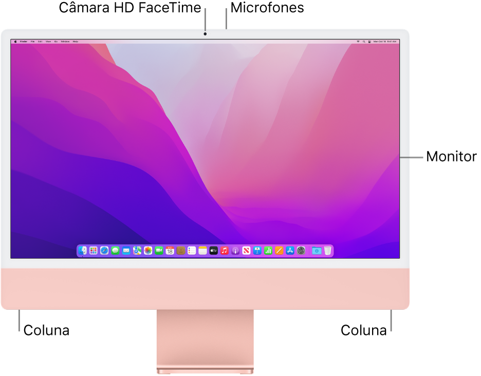 Vista frontal do iMac a mostrar o ecrã, a câmara, os microfones e as colunas.