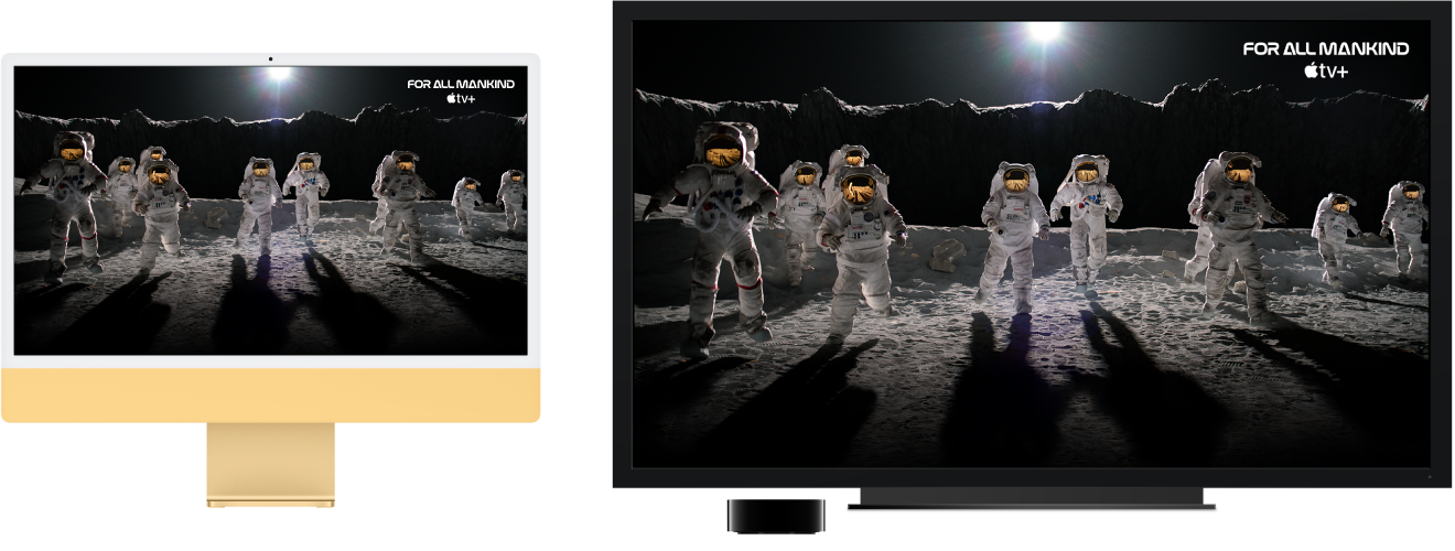 Um iMac com o respetivo conteúdo projetado num televisor de alta definição de grandes dimensões utilizando uma Apple TV.