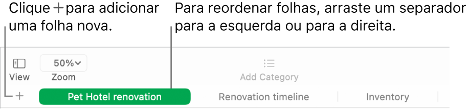 Uma janela do Numbers a mostrar como adicionar uma nova folha e como reordenar folhas.