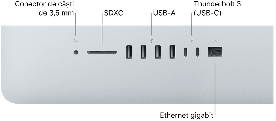 Un iMac afișând mufa de 3,5 mm pentru căști, slotul SDXC, porturile USB‑A, porturile Thunderbolt 3 (USB‑C) și portul Gigabit Ethernet.