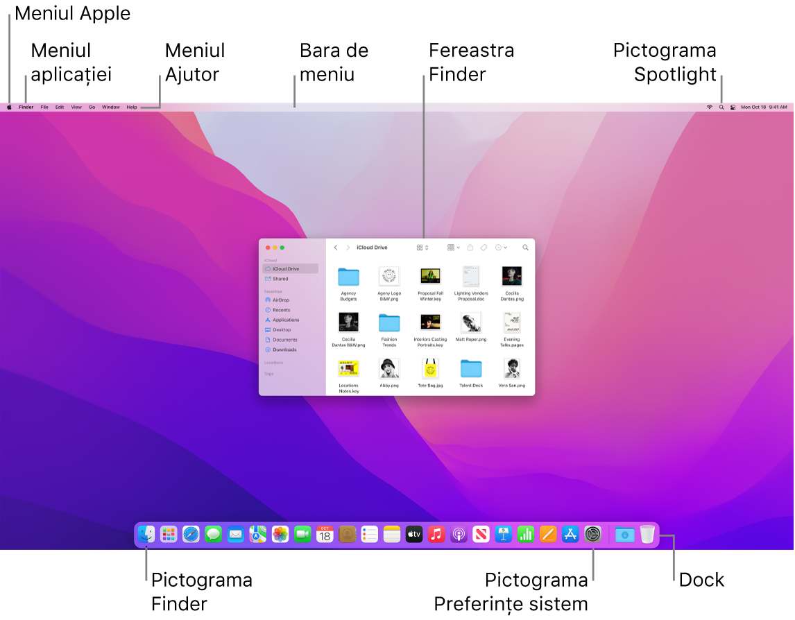 Un ecran Mac afișând meniul Apple, meniul Aplicații, meniul Ajutor, o fereastră Finder, bara de meniu, pictograma Spotlight, pictograma Finder, pictograma Preferințe sistem și Dock-ul.