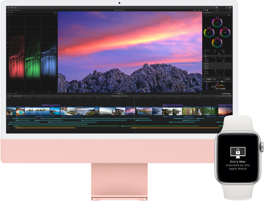 iMac, а рядом с ним Apple Watch, на экране которых отображается сообщение, что Mac был разблокирован при помощи часов.