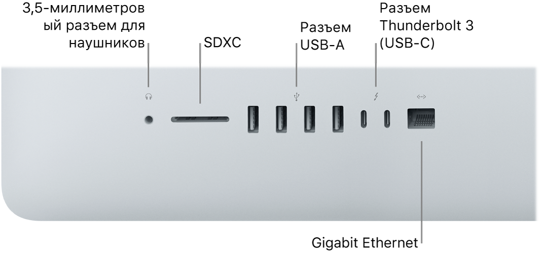 Компьютер iMac, на котором показаны аудиоразъем 3,5 мм для наушников, разъем для карты SDXC, порты USB A, порты Thunderbolt 3 (USB‑C) и порт Gigabit Ethernet.