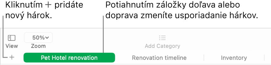 Okno aplikácie Numbers znázorňujúce pridanie nového hárka a zmenu usporiadania hárkov.