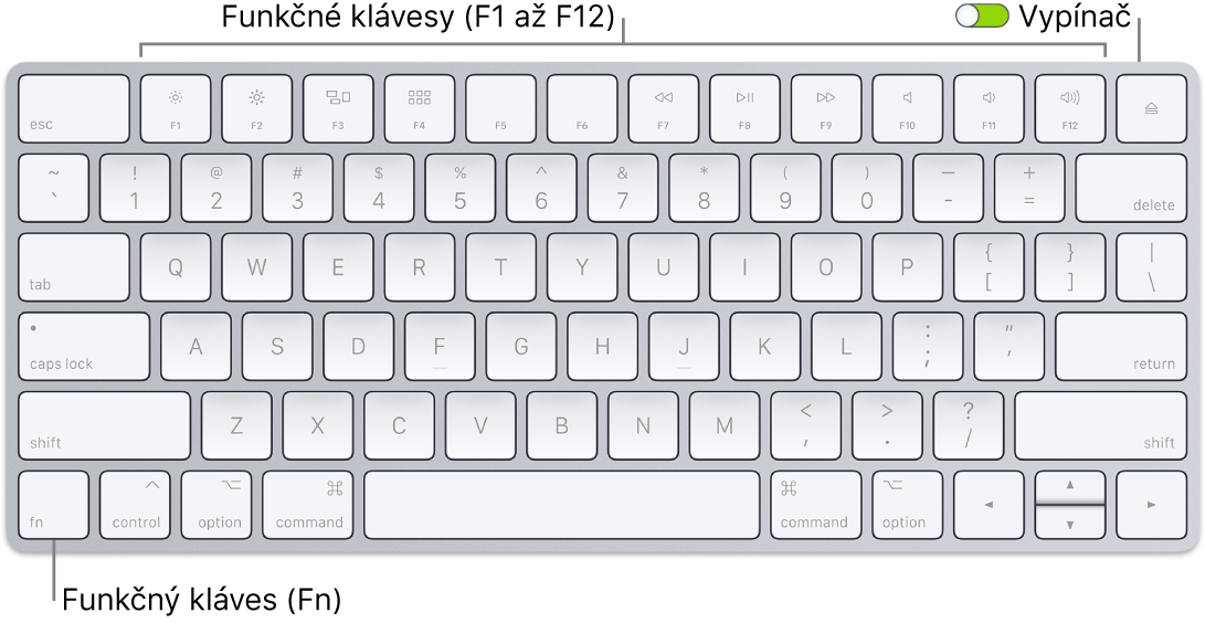 Magic Keyboard s funkčným klávesom (Fn) v ľavom dolnom rohu a prepínačom zapnutia/vypnutia v pravom hornom rohu klávesnice.