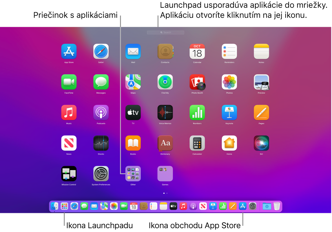 Obrazovka Macu s otvoreným Launchpadom, v ktorom je znázornený priečinok s aplikáciami v Launchpade, a ikony Launchpadu a App Storu v Docku.