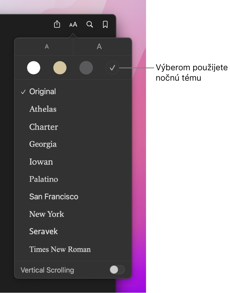 Okno v aplikácii Knihy zobrazujúce menu Vzhľad.