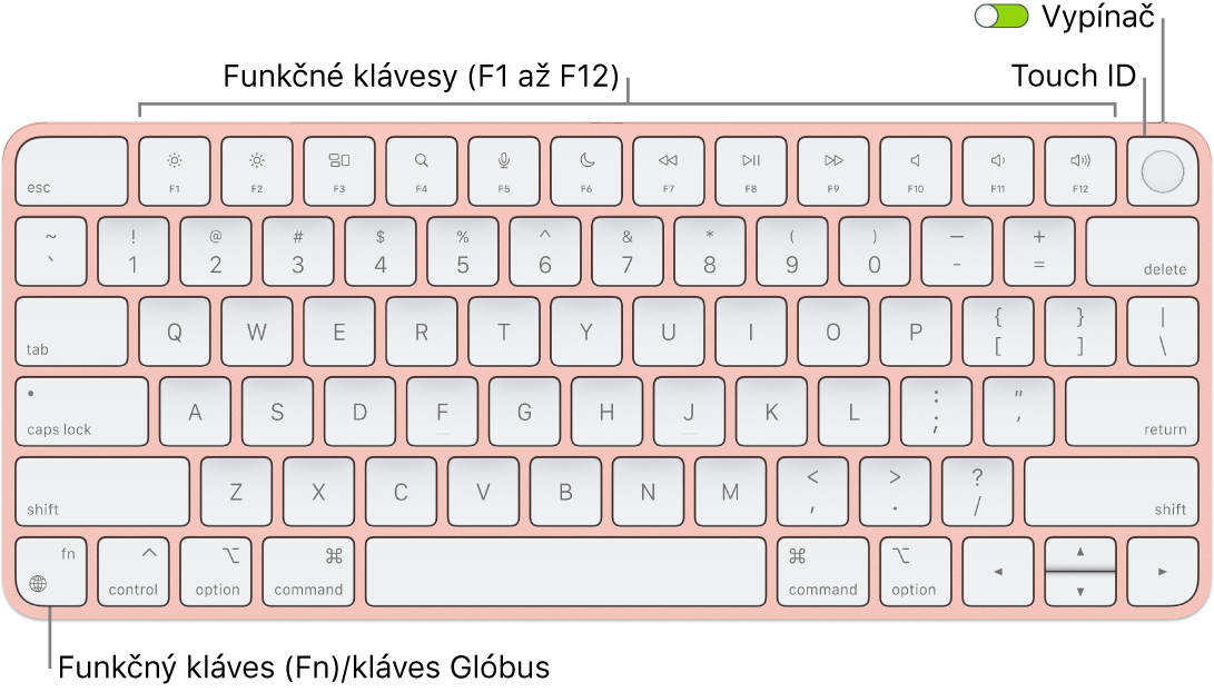 Klávesnica Magic Keyboard s Touch ID, na ktorej je vidieť rad funkčných klávesov a senzor Touch ID v hornej časti a funkčný kláves (Fn)/kláves Glóbus v ľavom dolnom rohu.