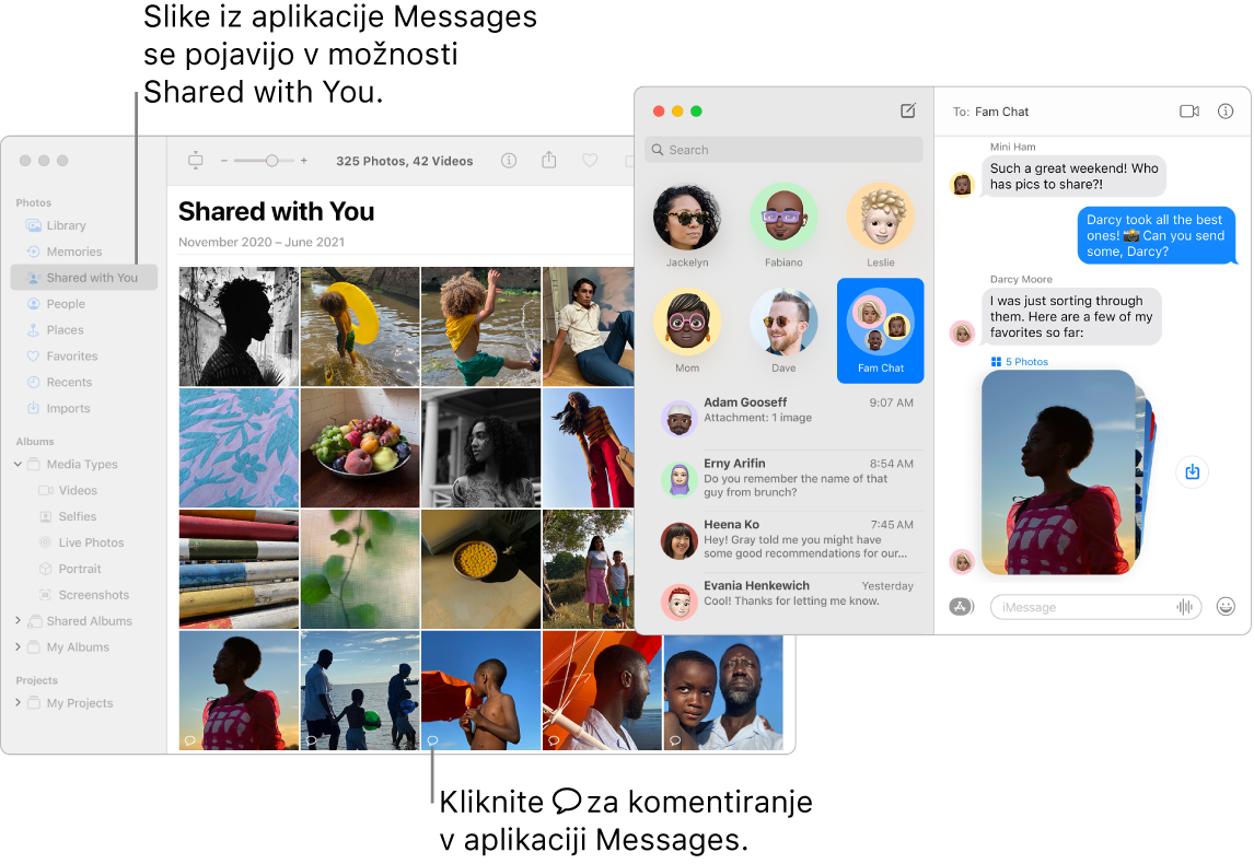 Pogovor v aplikaciji Messages na desni strani s kopico fotografij in razdelek Shared with You v oknu aplikacije Photos, ki prikazuje fotografije, ki so v skupni rabi v aplikaciji Messages.
