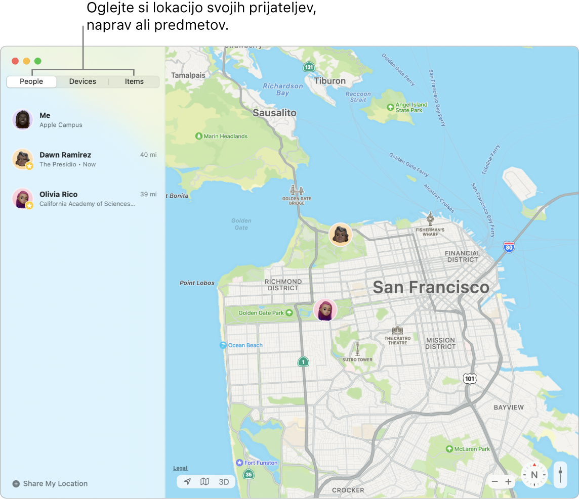 Izbran zavihek People na levi strani, na desni strani pa zemljevid San Francisca z lokacijami treh prijateljev.