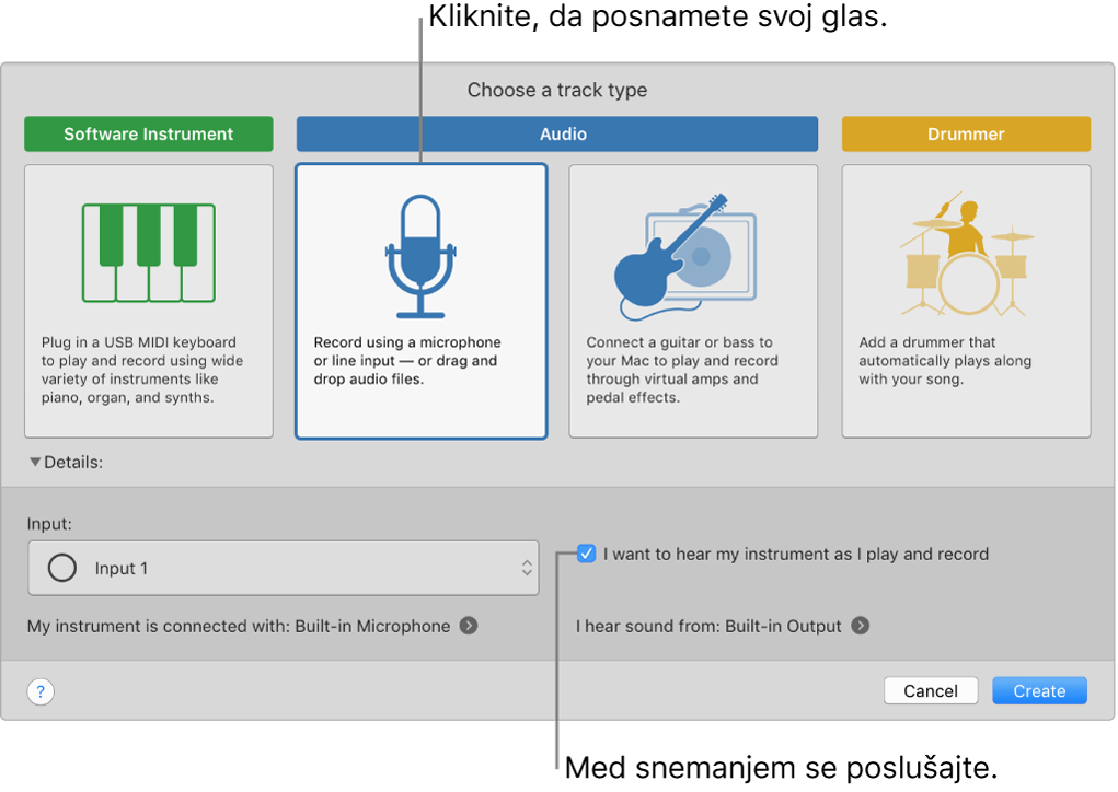 Instrumentna plošča GarageBand, ki prikazuje, kam klikniti, če želite posneti vokal in se med snemanjem poslušati.