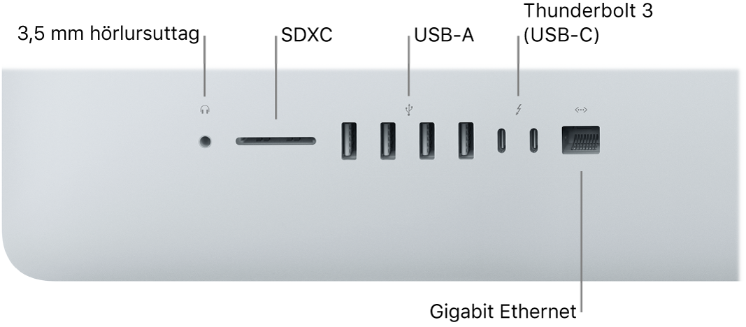 En iMac med ett 3,5 mm hörlursuttag, SDXC-kortplats, USB-A-portar, Thunderbolt 3 (USB-C)-portar och Gigabit Ethernet-port.