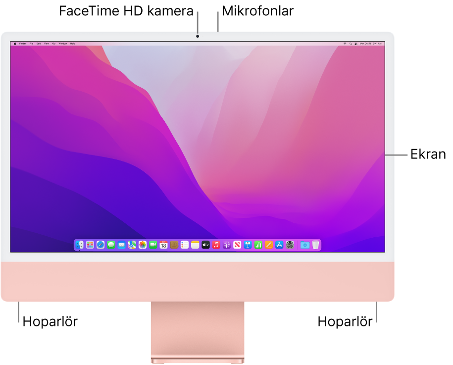 iMac’in ekran, kamera, mikrofonlar ve hoparlörleri gösteren önden görünümü.