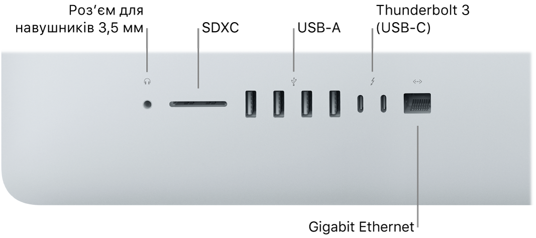 iMac із гніздом 3,5 мм для навушників, роз’ємом SDXC і портами USB-A, Thunderbolt 3 (USB-C) та Gigabit Ethernet.