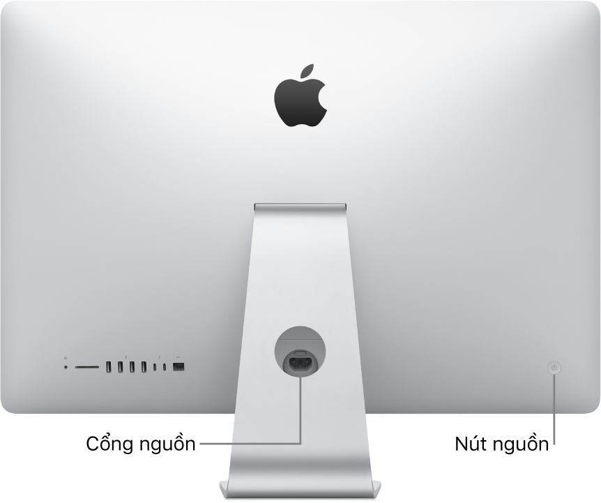 Góc nhìn phía sau của iMac đang hiển thị dây nguồn và nút nguồn.