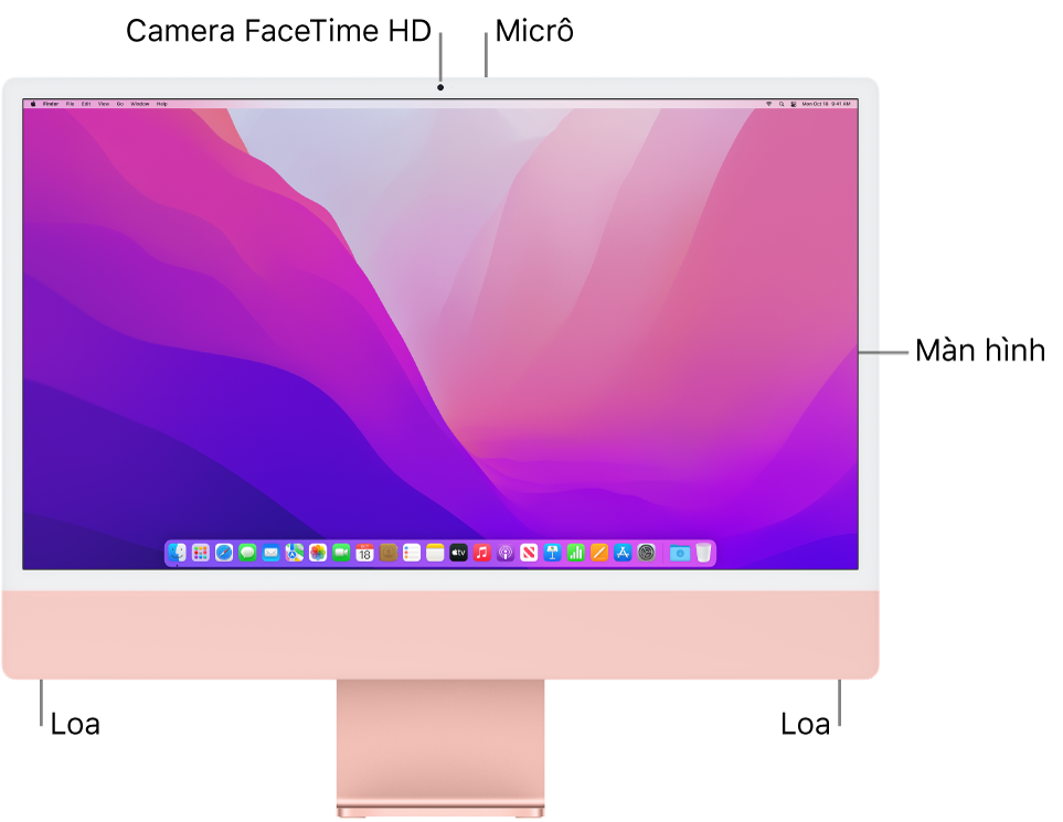 Hình ảnh mặt trước của iMac, đang hiển thị màn hình, camera, micrô và loa.