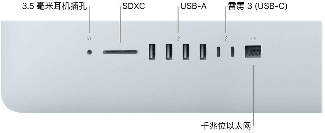 显示 3.5 毫米耳机插孔、SDXC 卡插槽、USB-A 端口、雷雳 3 (USB-C) 端口以及千兆位以太网端口的 iMac。