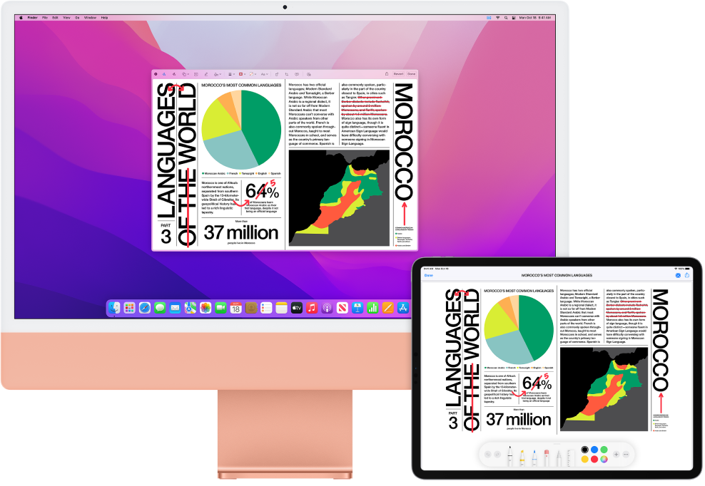 一台 iMac 和一台 iPad 并排摆放。两个屏幕显示满是红色编辑标记的文章,如划掉的句子、箭头和添加的字词。iPad 屏幕底部也有标记控制。