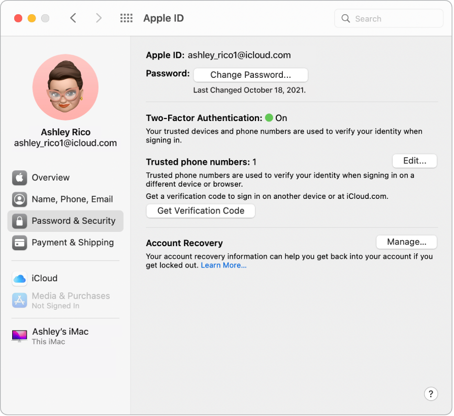 “系统偏好设置”中 Apple ID 的“密码与安全性”部分。点按管理以设置“帐户恢复”。