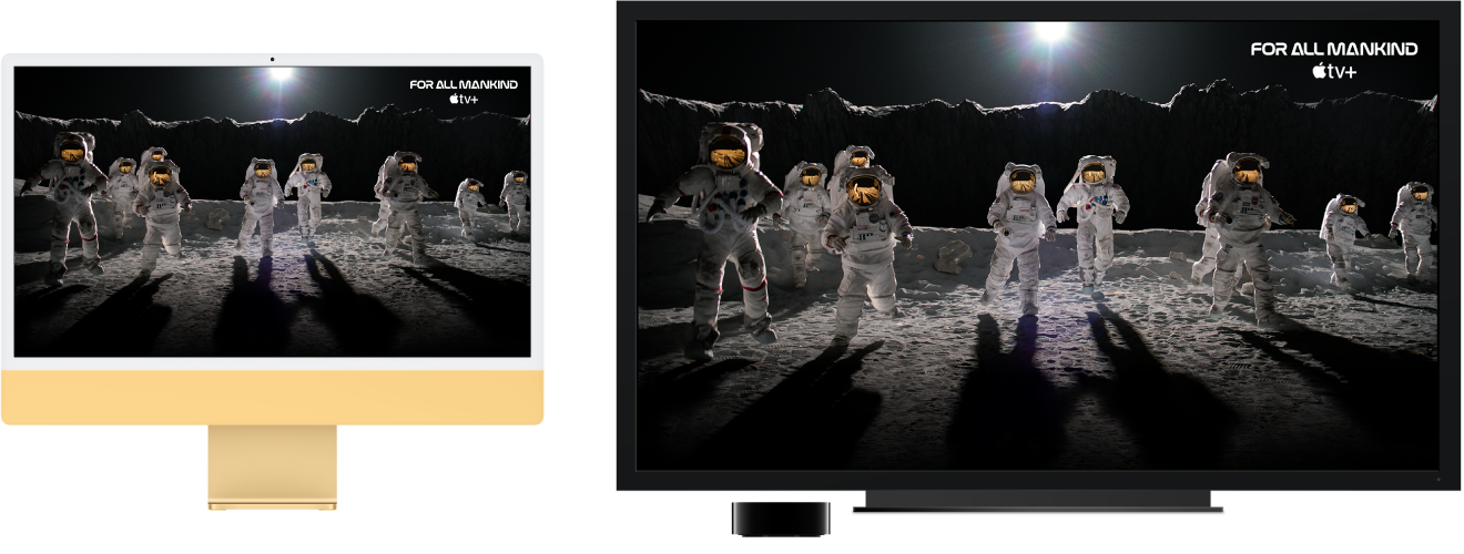 iMac 内容通过 Apple TV 镜像到大的 HDTV 上。