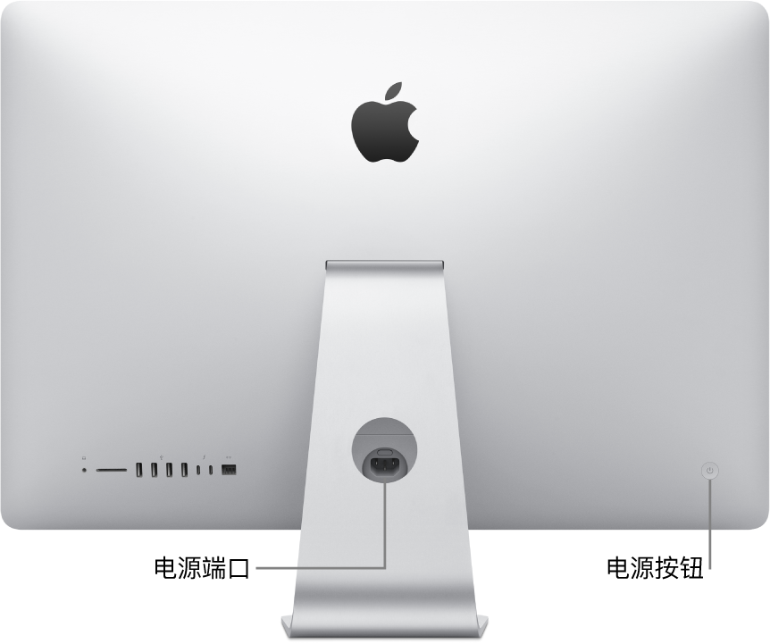 iMac 的背面视图，显示电源线和电源按钮。