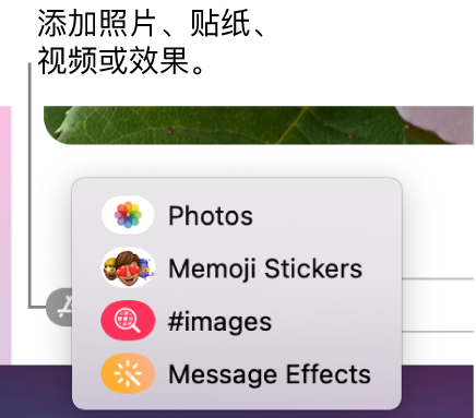 App 菜单，包含的选项可用于显示照片、拟我表情贴纸、GIF 和信息效果。
