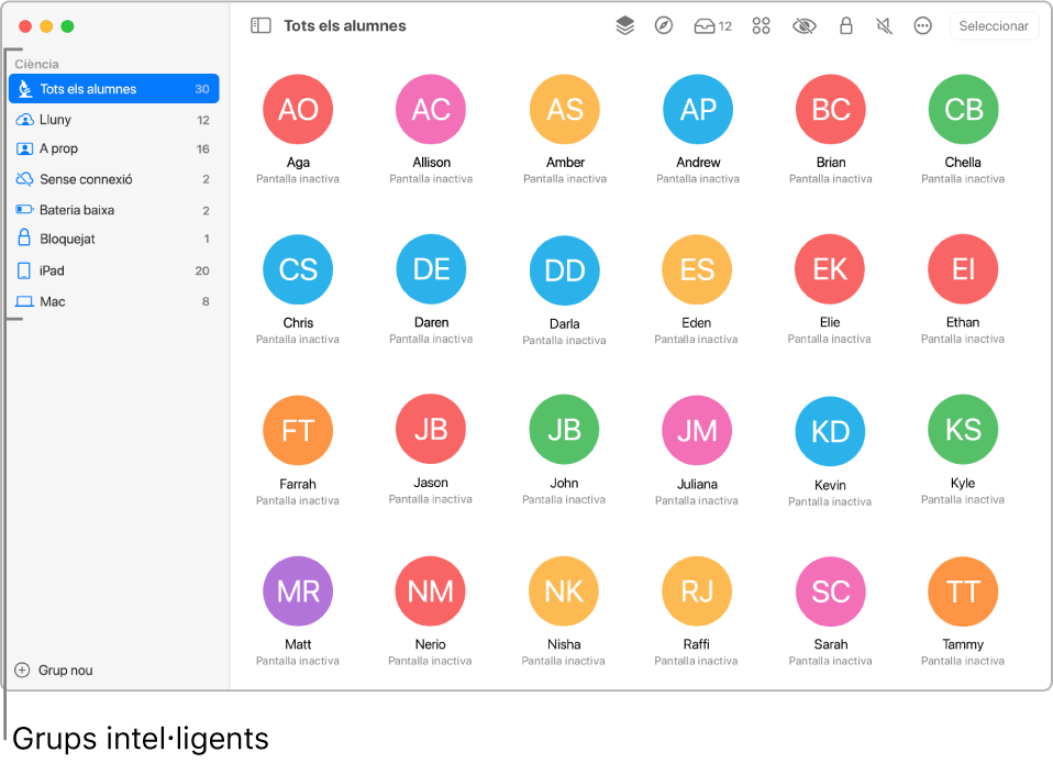 Finestra principal de l’app Aula que mostra diversos grups intel·ligents a la barra lateral.