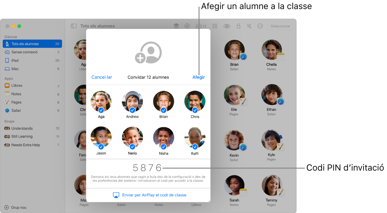 La pantalla de l’app Aula amb els alumnes convidats a una classe i el codi d’invitació que fan servir per unir‑s’hi.