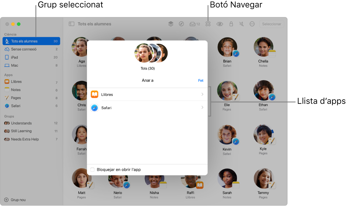 Una finestra de l’app Aula amb el botó Navegar destacat i un grup d’alumnes seleccionat. El tauler Navegació mostra dues destinacions: Llibres i Safari.