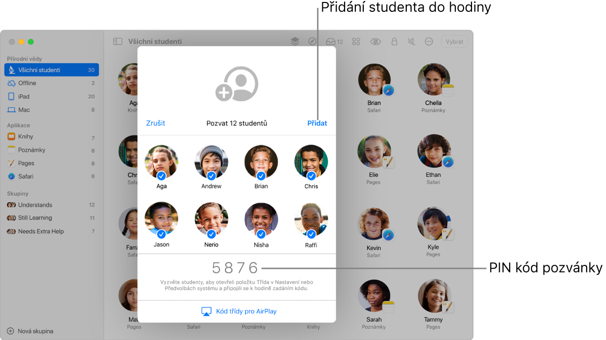 Okno aplikace Třída obsahující studenty přizvané do hodiny a kód pozvánky, pomocí nějž se mohou připojit
