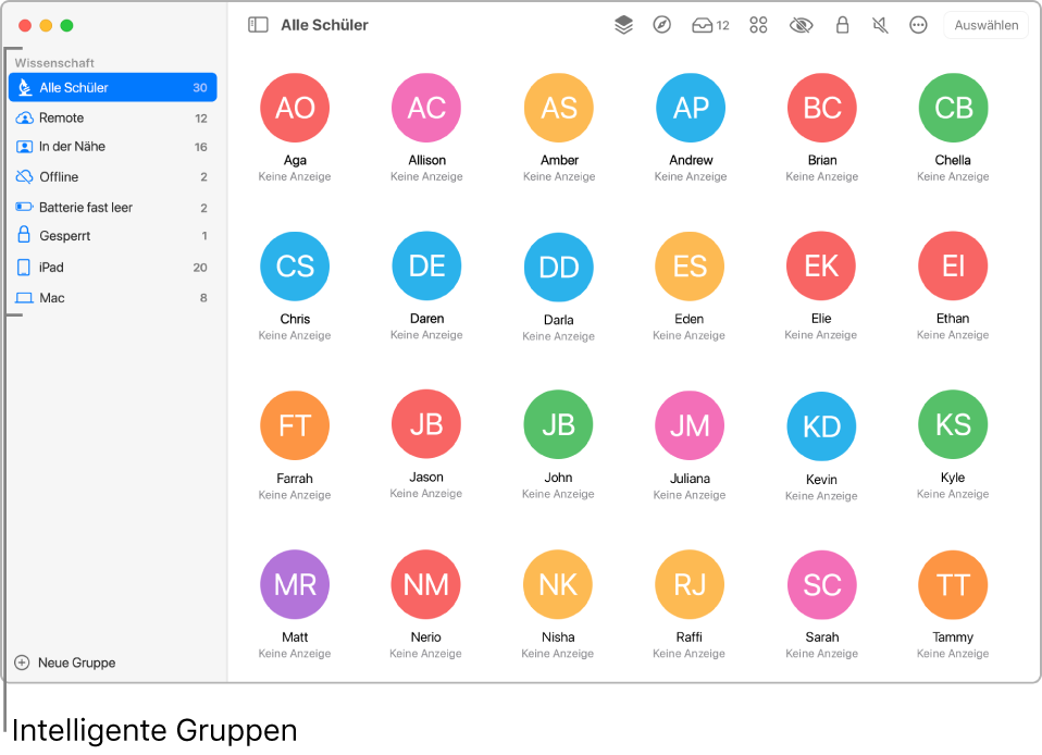 Das Hauptfenster von Classroom zeigt verschiedene intelligente Gruppen in der Seitenleiste.