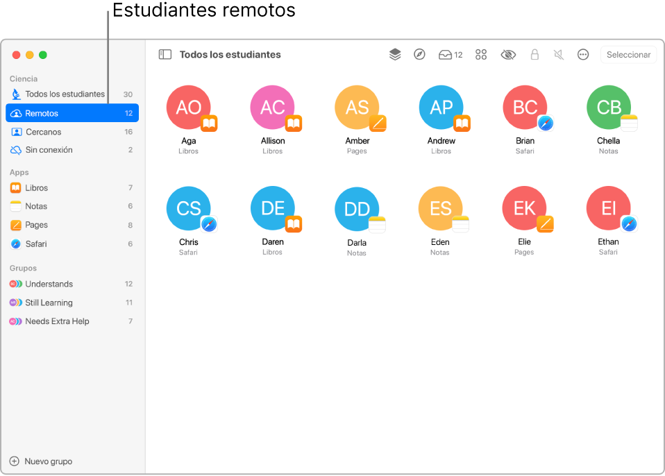 Captura de pantalla mostrando una clase remota en la que varios estudiantes están utilizando diferentes apps.