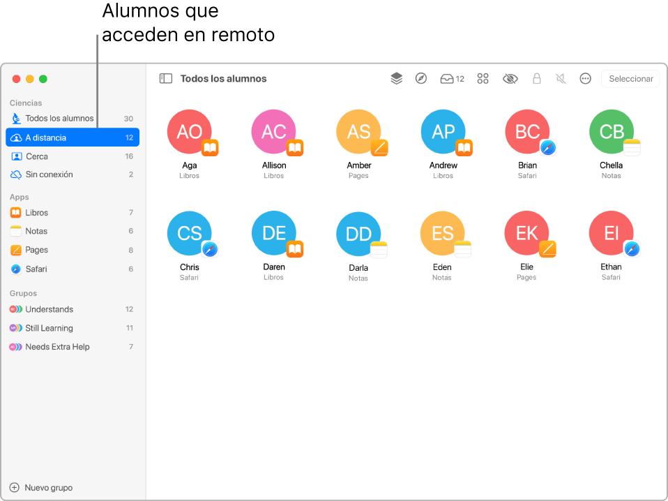 Una captura de pantalla que muestra una clase remota con varios alumnos, que usan distintas apps.