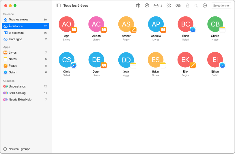 La fenêtre d’« En classe » qui affiche les élèves sélectionnés qui sont à distance.