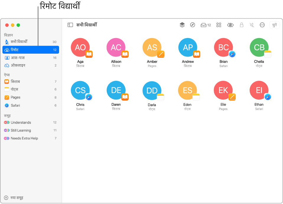 एक स्क्रीनशॉट जिसमें रिमोट कक्षा में कई विद्यार्थी अलग-अलग ऐप्स का उपयोग करते हुए दिखाई दे रहे हैं।