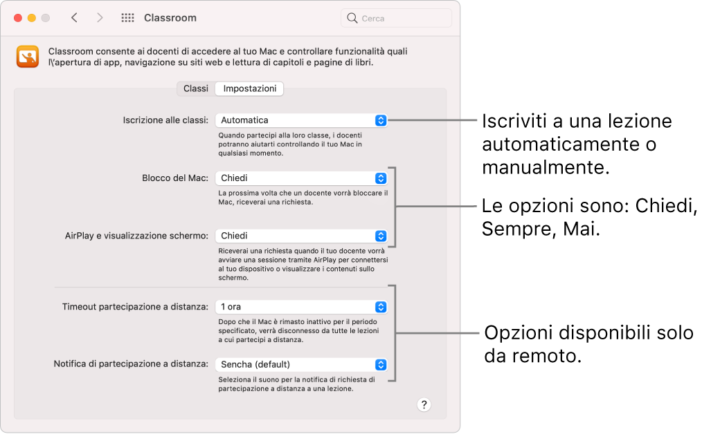 Visualizzazione delle autorizzazioni di Classroom disponibili per gli studenti.
