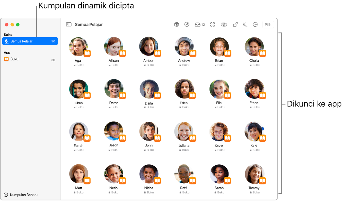 Tetingkap Bilik Darjah menunjukkan sekumpulan pelajar “dikunci” pada app.