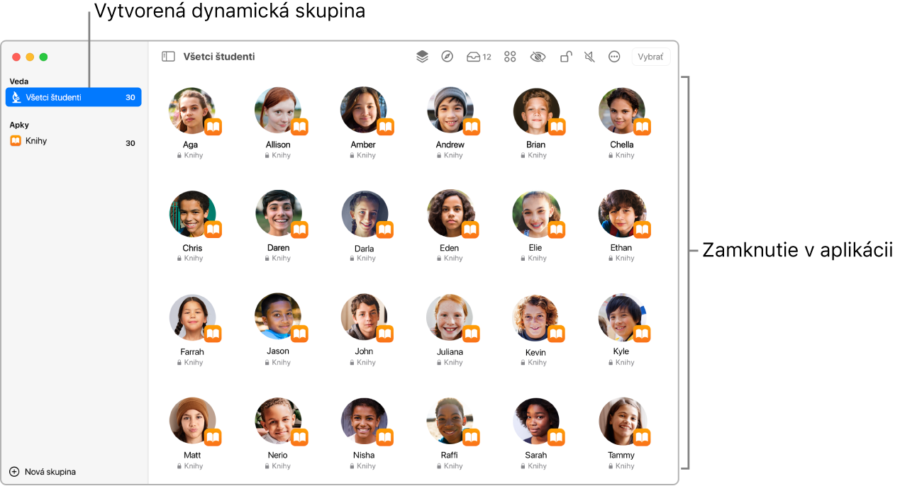 Okno aplikácie Učebňa zobrazujúce skupinu študentov „zamknutých“ v aplikácii.