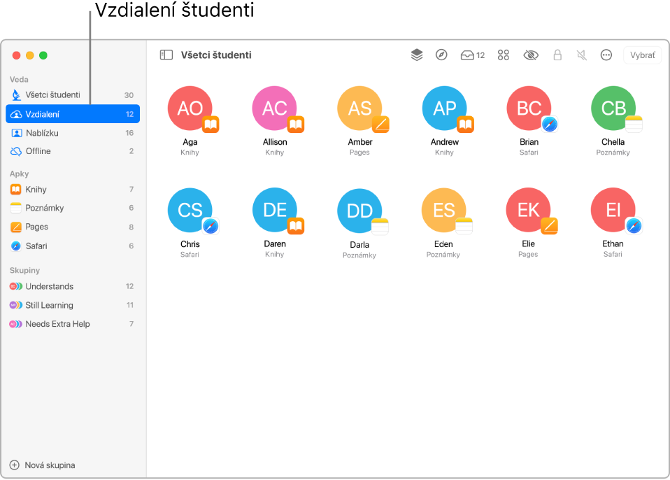 Snímka obrazovky zobrazujúca vzdialenú triedu s niekoľkými študentmi, ktorí používajú rôzne apky.