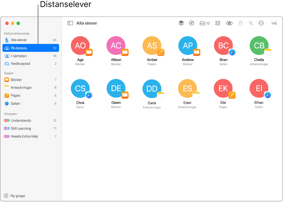 En skärmavbild som visar en distansklass med flera elever som alla använder olika appar.