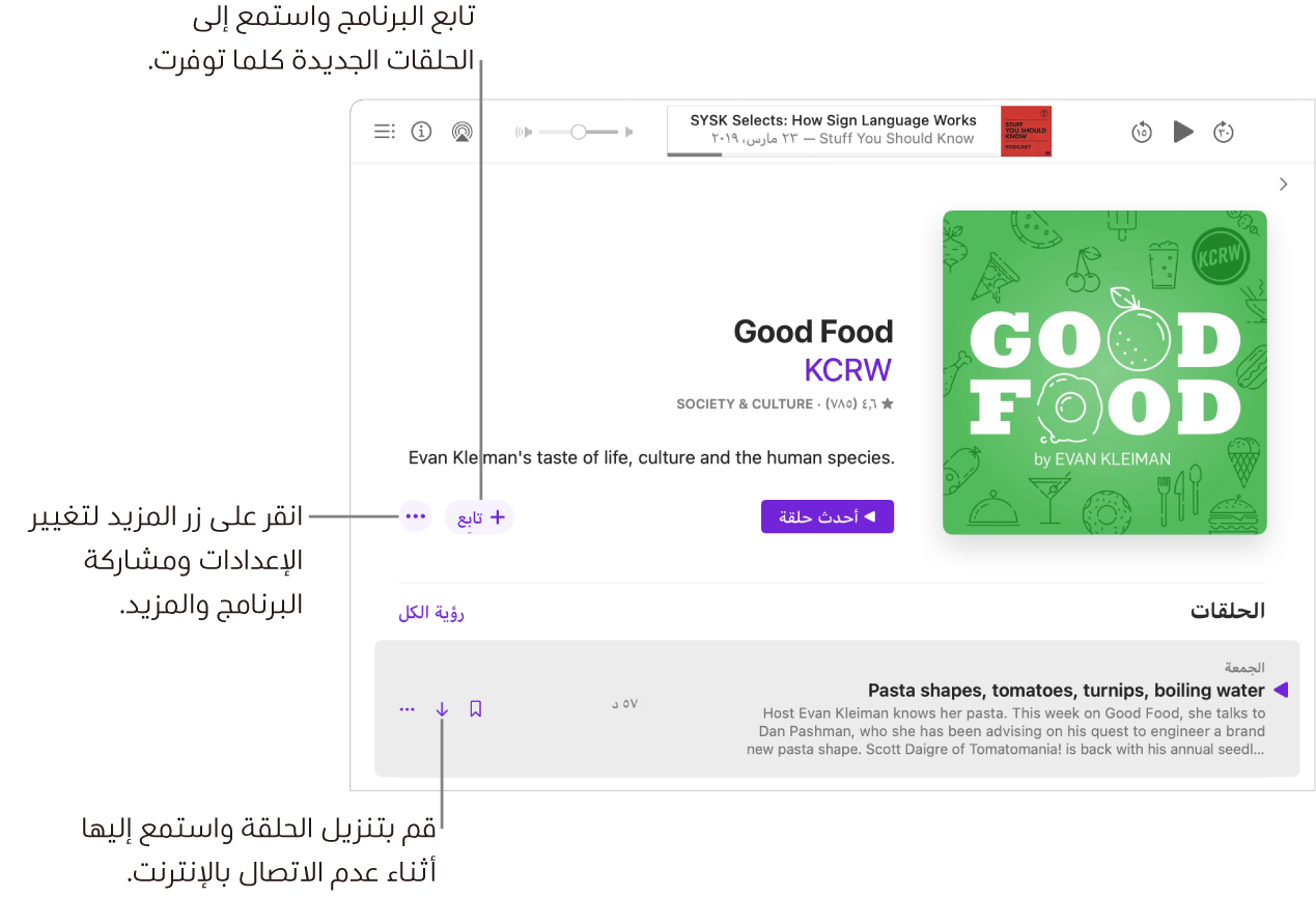شاشة تفاصيل البرنامج. انقر على متابعة للحصول على الحلقات الجديدة عند توفرها. انقر على زر المزيد لتغيير الإعدادات ومشاركة البرنامج والمزيد. يمكنك تنزيل الحلقة إذا كنت ترغب في الاستماع إليها عندما تكون غير متصل بالإنترنت.