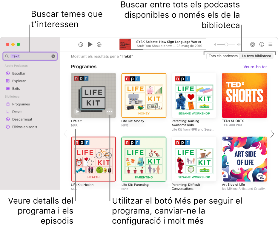 La finestra de l’app Podcasts mostrant el text introduït al camp de cerca a la cantonada superior esquerra, amb tots els podcasts coincidents amb la cerca a la dreta de la pantalla. Fes clic a l’enllaç que hi ha a sota del programa per veure informació detallada sobre el programa i els seus episodis. Utilitza el botó Més del programa per seguir el programa i canviar‑ne la configuració, entre altres accions.