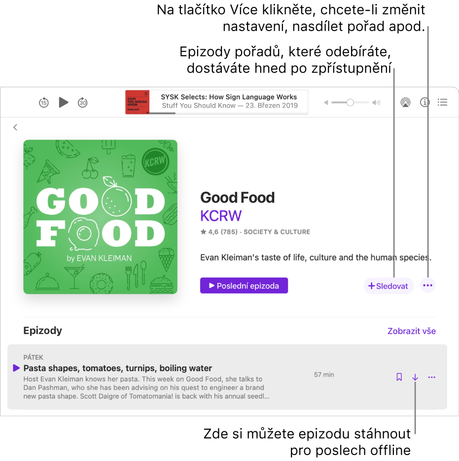 Obrazovka s podrobnostmi o pořadu. Chcete-li stahovat nové epizody, jakmile budou dostupné, klikněte na „Sledovat“. Po kliknutí na tlačítko Další můžete změnit nastavení pro pořad, sdílet pořad aj. Chcete‑li epizodu poslouchat, když nejste připojení k internetu, můžete si ji stáhnout