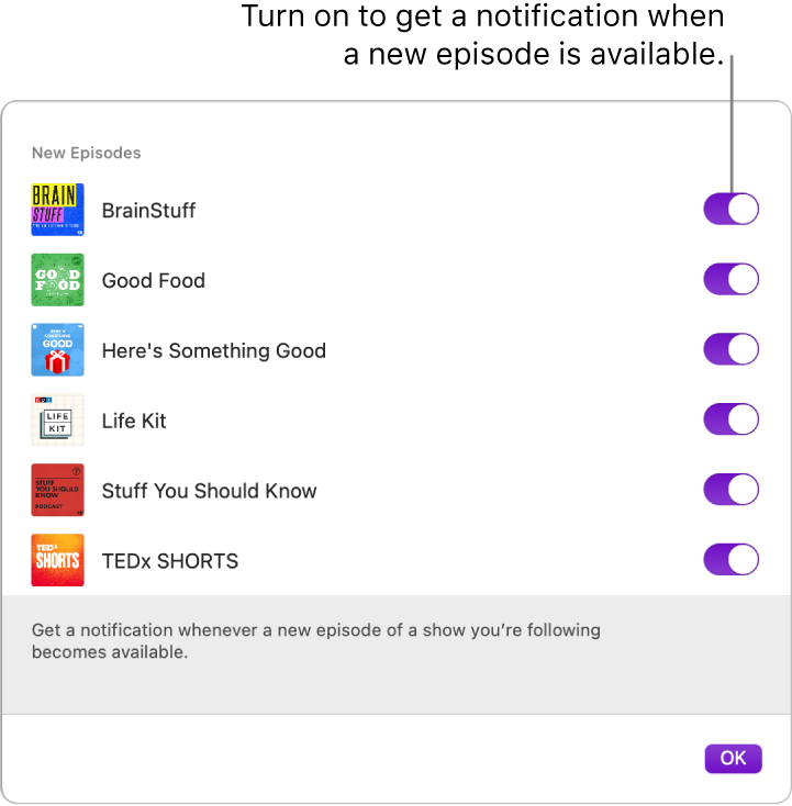 The notifications window. Click the switch to get a notification when a new episode is available.